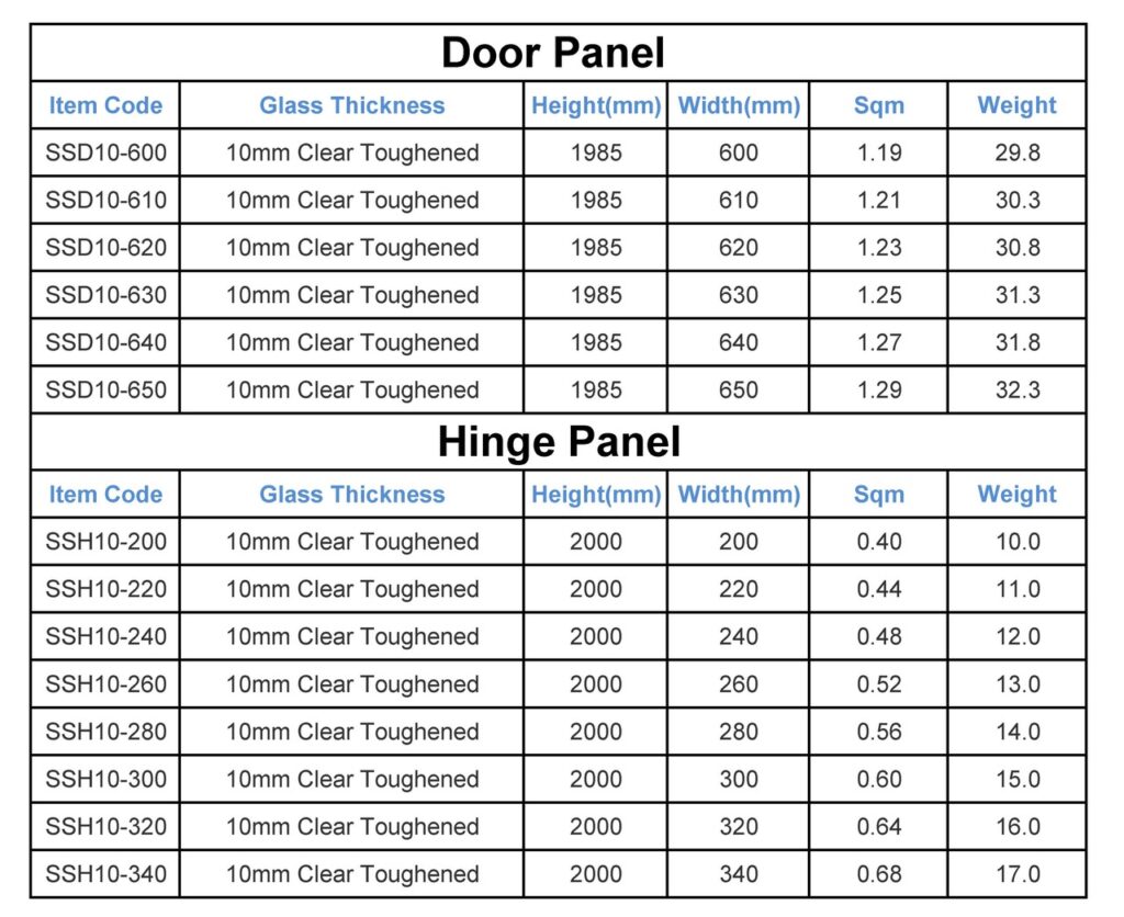 Shower Screen Door&Hinge Panels LONG GLASS AUSTRALIA